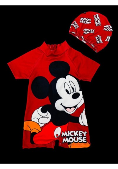 Lolliboomkids Unisex Çocuk Kırmızı Mickey Temalı Hassas Ten Kısa Kol Hipster Mayo Bone Seti 2022 Kırmızı