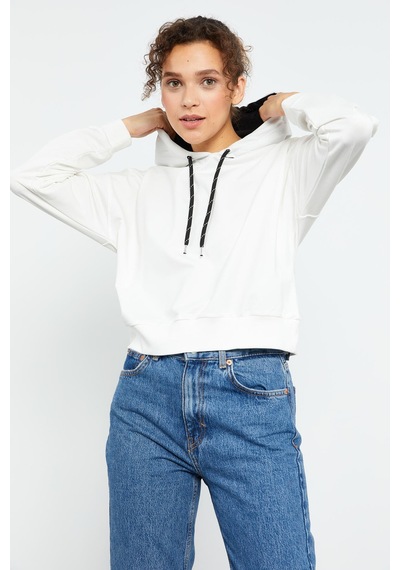 Tommy Life Ekru Uzun Kol Rahat Form Kapüşonlu Kadın Sweatshirt - 97115 Ekru