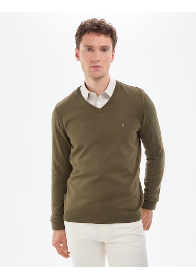Pierre Cardin Koyu Haki Slim Fit V Yaka Basic Triko Kazak 50314190-vr111