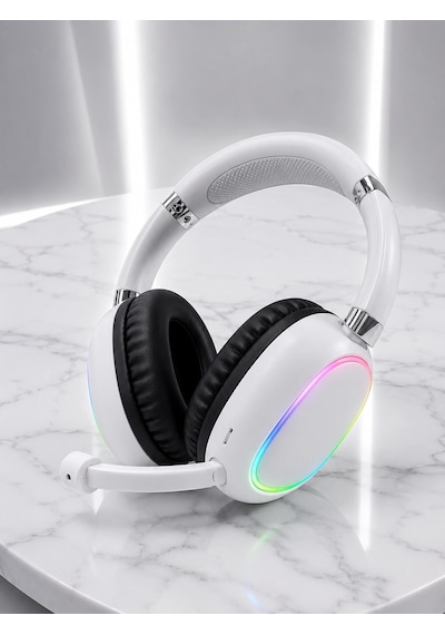 Beyaz Bluetooth 5.0 Mikrofonlu Kablosuz Kulak Üstü Kulaklık Rgb Işıklı Type-c Şarjlı