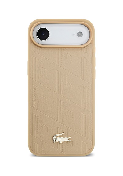 Apple Uyumlu iPhone 17 Air Kılıf Lacoste Lisanslı M-safeli Pu Deri Tasarımlı Karışık Monogram Desenli Kapak Bej Bej