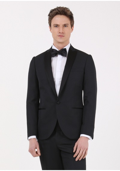 Ramsey Siyah Mikro Fashion Slim Fit Kruvaze Yaka Dokuma Smokin Takım Elbise
