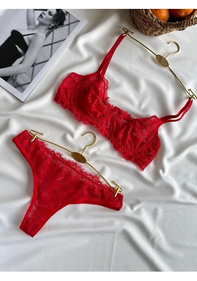 Gece Perisi Kadın Kırmızı Dantel Detaylı Balenli Kapsız Bralet Tanga İki Parça İç Giyim Takım Gece Perisi Kadın Kırmızı Dantel Detaylı Balenli Kapsız Bralet Tanga İki Parça İç Giyim Takım