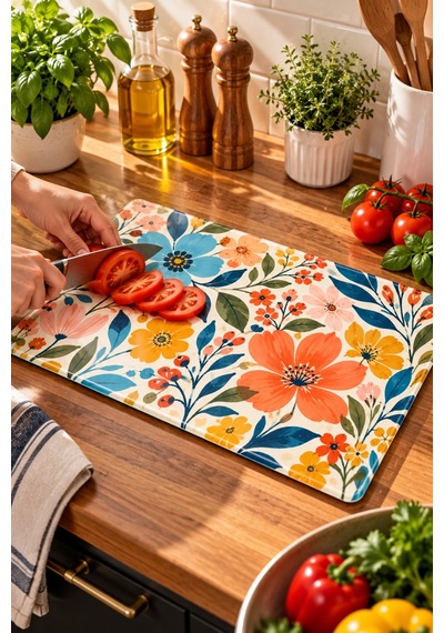 Gökçeoğlu Cam Kesme Tahtası Boho Çiçek Temalı - Cam Kesme Tablası 30cm X 40cm Çok Renkli