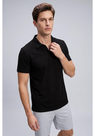 Siyah Rahat Form Yumuşak Dokulu Polo Yaka Erkek T-shirt - 88496