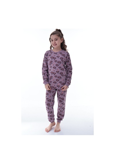 Kız Çocuk Çiçek Desenli Pamuklu Pijama Takımı 8-13 Yaş Rahat Uyku Takımı Mor