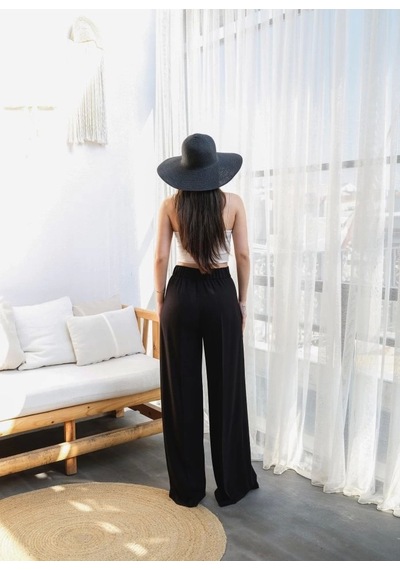 Defymoda Keten Önü Çapraz Parçali Lasti Kli Ve Bağcikli Geni Ş Paça Pantolon Siyah
