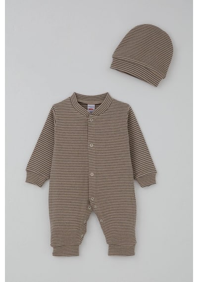 Breeze Erkek Bebek Tulum Çizgili Çıtçıtlı 0-9 Ay, Vizon