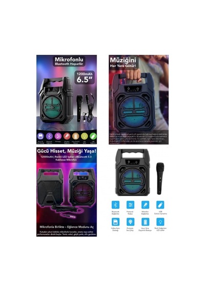 Mikrofonlu Bluetooth Hoparlör - Led Işıklı - Usb Şarjlı - Aux Destekli Renkli
