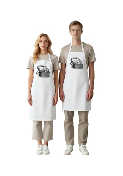 Erkek Unisex Mutfak Önlüğü Vintage İlaç Seti Line Art Baskılı Aşç Beyaz