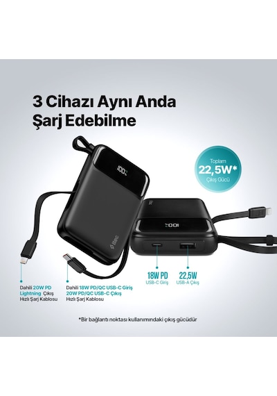 Ttec 2bb215s Recharger Pro Lcd 10.000 Mah Pd 22,5w Lightning Ve Usb-c Dahili Kablolu Taşınabilir Hızlı Şarj Aleti Siyah