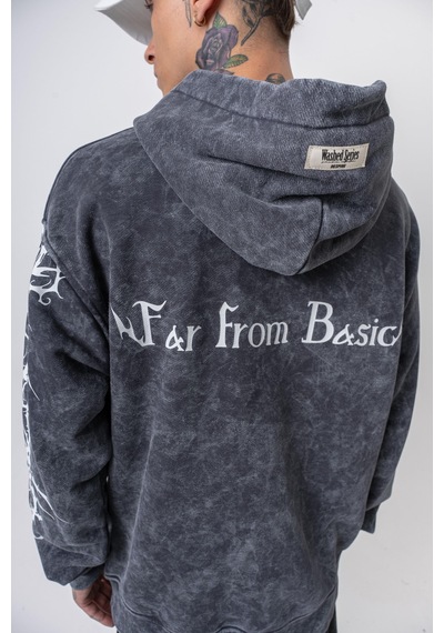 Respire Erkek Far From Basic Baskılı Yıkamalı Kapüşonlu Oversize Hoodie Siyah
