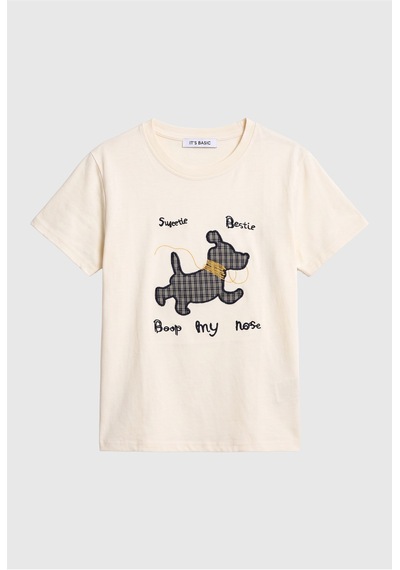 Kadın Bej Bol Kesim Köpek Nakışlı Özel Tasarım T-shirt Sarı