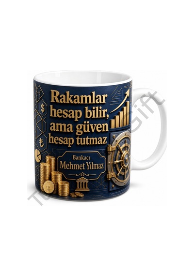 Bankacıya Hediye Kişiye Özel Baskılı Kupa Bardak Finans Temalı Özel Tasarım Beyaz / Çok Renkli