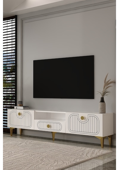 180dhdtsç3ba Hera Lazer Desenli Kapaklı Tv Sehpası,ünitesi Beyaz-altın