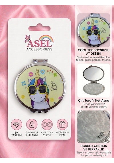 Sevimli Karakter Ve Unicorn Tasarımlı Çift Taraflı Katlanabilir Metal Cep Aynası - 9 Farklı Model B