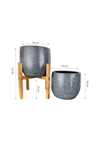 Bitki Tasarımı Ev Dekorasyon Aksesuar Gri Granit Toprak Saksı Saksılık Salon Çiçeklik İkili Set Ayaksız - 4 Ayaklı- 19 Cm