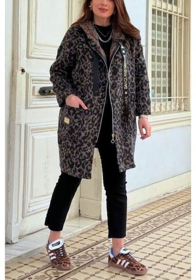 Woman And Kids Kapşonlu Leopar Desenli Uzun Kaşe Ceket Siyah