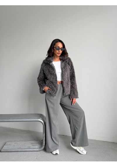Verymoda Yapay Kürk Kadın Ceket Fermuarlı, Yumuşak Dokulu Modern Kışlık Mont F2037 Gri