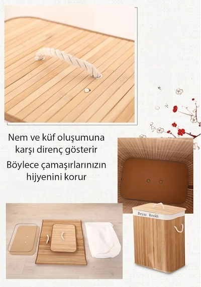 Ezere Bambu Naturel Hasır Çift Bölmeli Katlanabilir Kirli Çamaşır Sepeti 100 Lt Bej