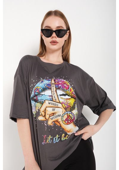 Flood Of Style Kadın Antrasit Let It Be Oversize T-shirt Gri