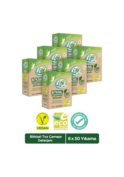 Life by Fakir  %100 Bitkisel Bazlı Doğal Çamaşır Toz Çamaşır Deterjanı 30 Yıkama 6 x 1500 G