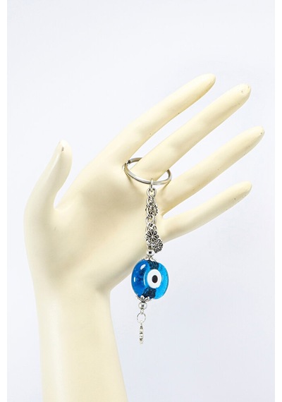 Turkuaz Danagözü Nazar Boncuğu Metal Çiçekli Anahtarlık, Küçük Ça