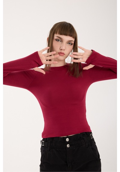 Gugus Kadın Modal/viskon Kumaş Bisiklet Yaka Parmak Geçirmeli Body Bordo