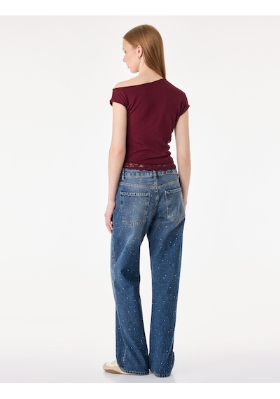 Koton Dantel Detaylı Asimetrik Bisiklet Yaka Slim Fit Kısa Kollu Tişört Bordo 7wal10347ık