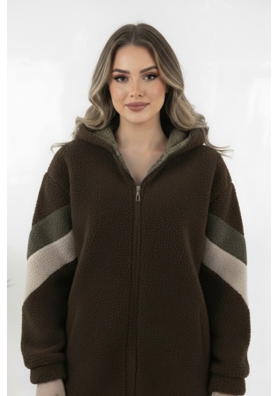 Hiramir Peluş Yeni Sezon Kadın Kolları Şeritli Kolej Mont Ks2577 Kahverengi