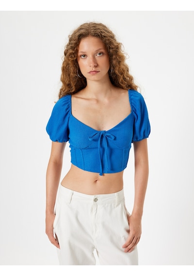 Koton Crop Tişört Balon Kol Korse Görünümlü Bürümcük V Yaka Slim Fit Mavi 4sal11118ık Mavi