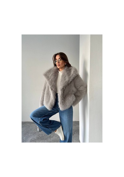 Tille Miss Dame Yumuşak Dokunuşlu Oversize Peluş Mont Açık Gri Açık Gri