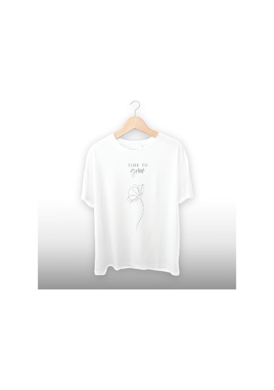 Time To Grow Detaylı Unisex Tişört Beyaz