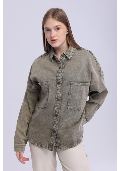 Selectmoda Kadın Çift Cepli Çıtçıt Kapamalı Oversize Kot Gömlek haki