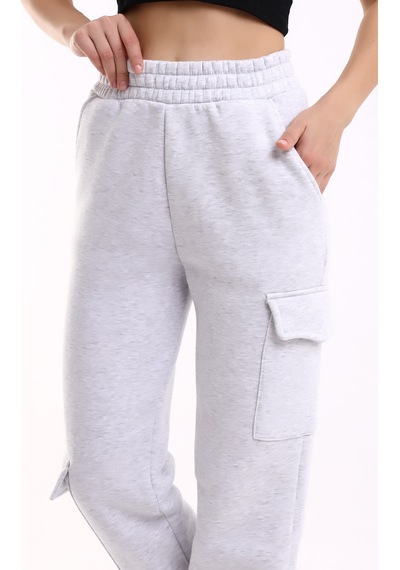 Winmoda34 Kadın Jogger Kalın 3 İplik Yandan Cepli Kargo Eşofman Altı Griii
