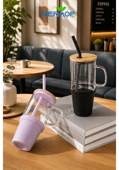 1000 Ml Cam Big Mug Bambu Kapaklı Çelik Pipetli Büyük Boy Kupa Termos Mor