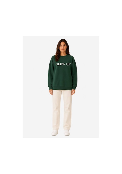 Herkesemoda Glow Up Baskı Detaylı Şardonlu 2 İplik Bisiklet Yaka Sweatshirt Yeşil