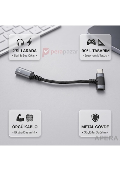 Type-c Kulaklık Ve Şarj Dönüştürücü L Tipi Çoğaltıcı Kablo Örgülü 3.5mm Ses Ve Güç Adaptörü Cn03 01