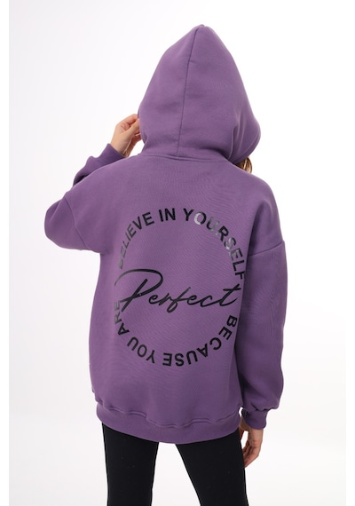 Kız Çocuk Oversize Kapüşonlu Cepli Düşük Omuz Baskılı Yırtmaçlı Sweatshirt - 3 İplik Şardonlu Mor Kız Çocuk Oversize Kapüşonlu Cepli Düşük Omuz Baskılı Yırtmaçlı Sweatshirt - 3 İplik Şardonlu Mor