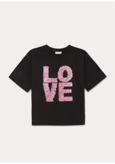 2474 Kız Çocuk Siyah Payet Sloganlı T-shirt 4-12 Yaş - 90 Siyah