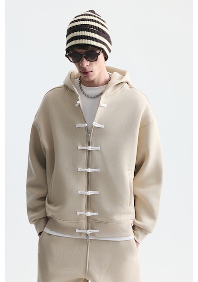 Süslü Düğme Sweatshirt Ve Barrel Fit Eşofman Takım Ekru