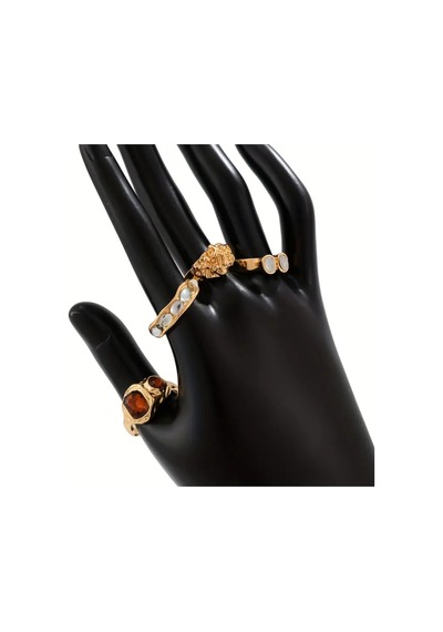 Olivien - 4 Adet Renkli Taşlı Retro Tasarım Çoklu Gold Altın Vintage Hediyelik Yüzük Seti