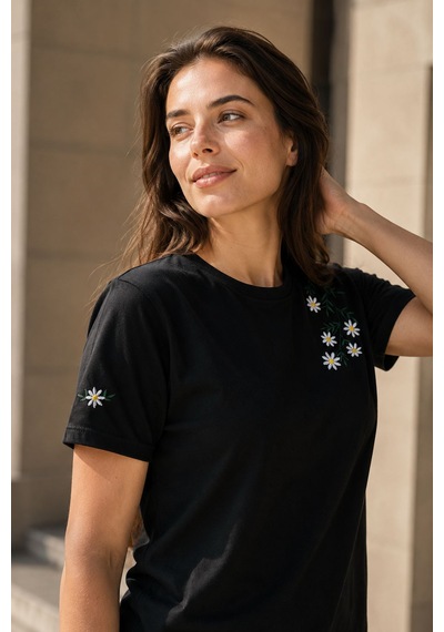 Yubistitch Tshirt Nakış İşlemeli Çiçek 6-Siyah S