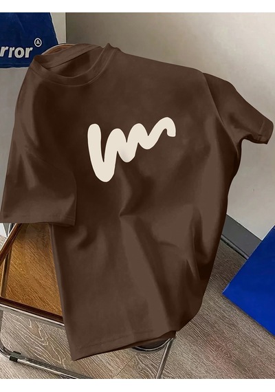 Unisex W Baskılı Tasarım Tshirt Kahverengi