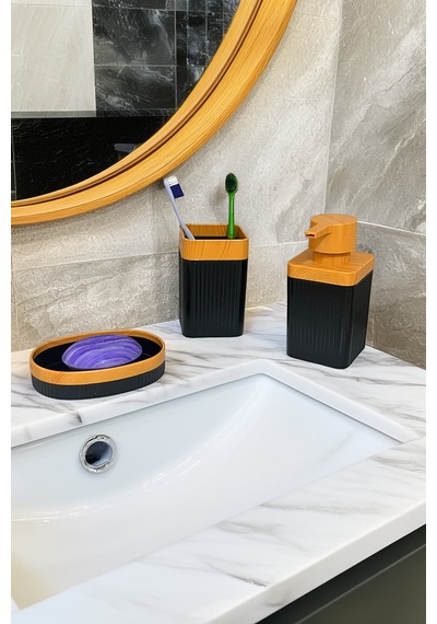 6 Parça Banyo Seti Çöp Kovası, Wc Fırça, Tuvalet Kağıtlık, Diş Fırçalık, Sıvı Sabunluk, Sabunluk Kahverengi - Siyah