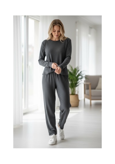 Feg Store %100 Pamuk Antrasit Yumuşak Dokulu Fitilli Uzun Kollu Kadın Pijama Takımı