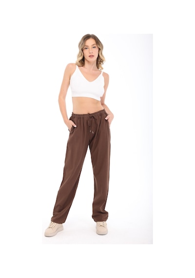 Blayn Jeans Blayn Kadın Taba Keten Dokulu Yüksek Bel Bol Paça Beli Bağcıklı Pantolon Kahverengi