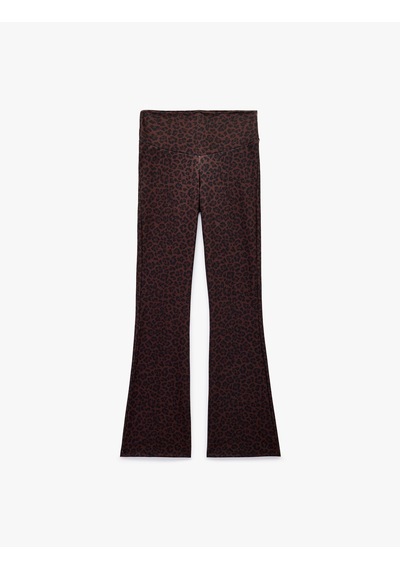 Koton İspanyol Paça Spor Tayt Leopar Desenli Slim Fit Yumuşak Tuşe Yüksek Bel Kahverengi Desenli 7wak40023nk