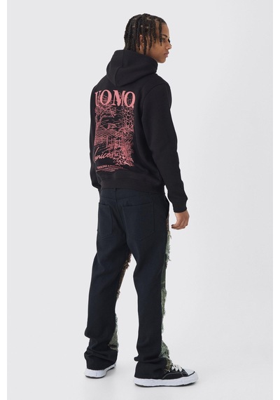 Unisex Oversize Uomo Baskılı Kapüşonlu Siyah Sweatshirt Siyah