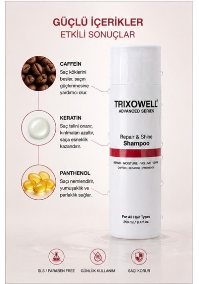 Trixowell Advanced Series Repair & Shine Shampoo Kafein, Keratin Ve Panthenol İçeren Onarıcı, Nemlendirici Ve Hacim Veren Şampuan 250 Ml